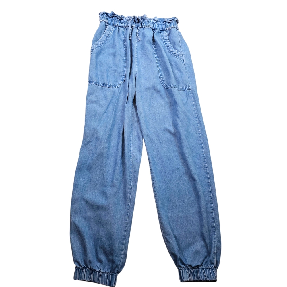 Zara Chambray Denim Paperbag Joggers In 13/14